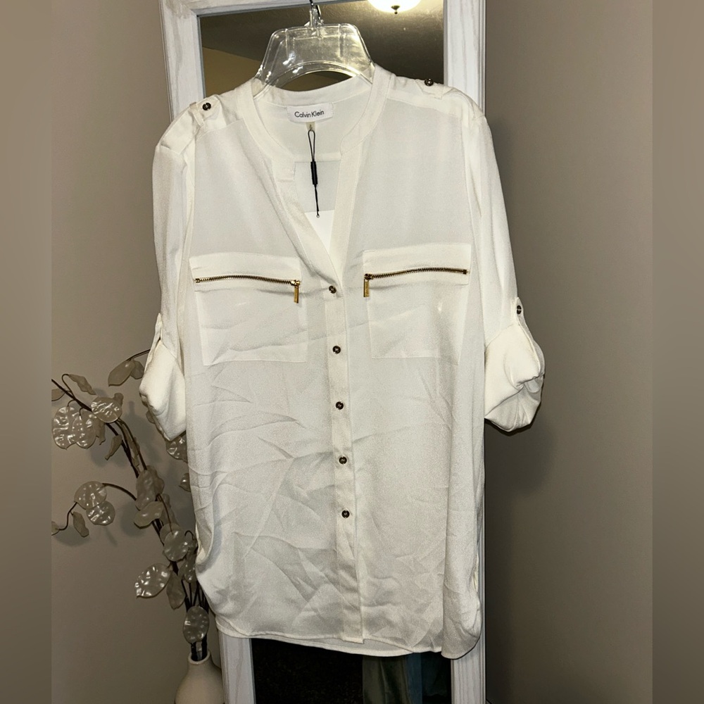 NWT Calvin Klein Cream Blouse with Gold Accents